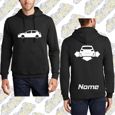 Casaco preto com estampagens brancas de carros e texto Nome na parte de trás