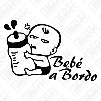 Desenho a preto e branco de bebé com biberão e texto Bebé a Bordo