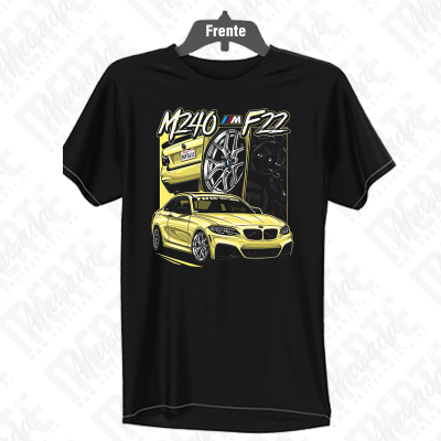 T-shirt preta com estampa de carro BMW amarelo e texto M240i F22.