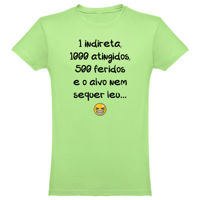 T-shirt verde clara com texto preto e emoji amarelo sorridente