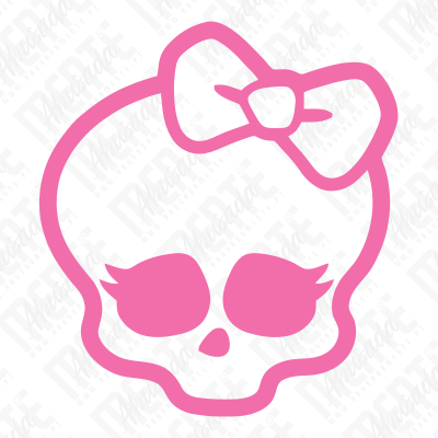 Desenho rosa caveira feminina com laço e pestanas num fundo branco