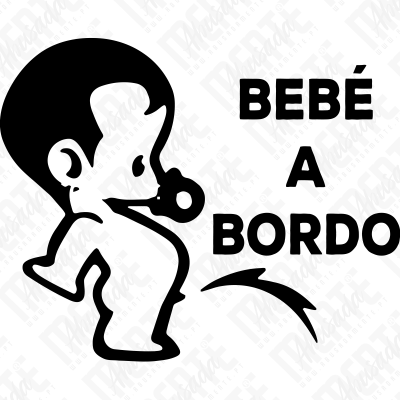Símbolo preto de bebé com chupeta e texto BEBÉ A BORDO em fundo branco