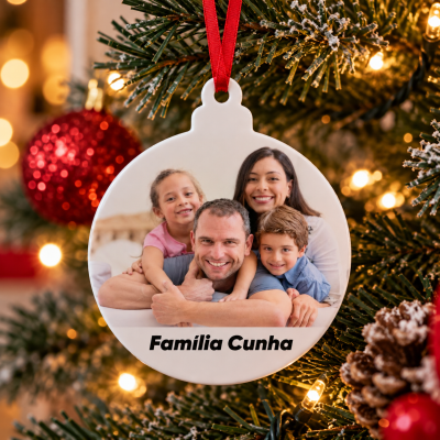 Enfeite cerâmico redondo com foto de família e texto Familia Cunha pendurado em árvore de Natal