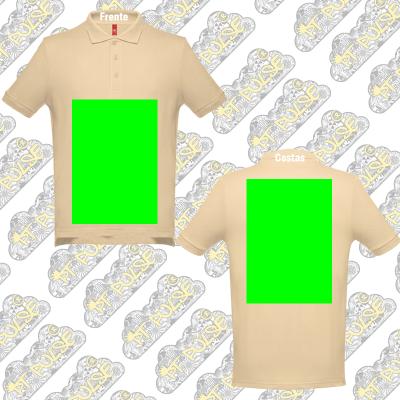 Duas t-shirts polo bege para personalização frente e costas sobre fundo com logotipos IM PULSE.