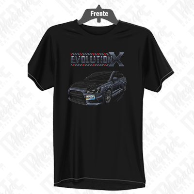 T-shirt preta com estampa de carro desportivo e texto Evolution X