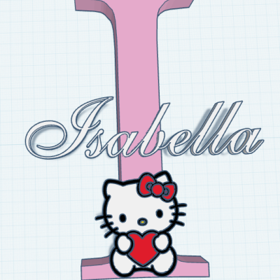 Letra I cor-de-rosa com o nome Isabella e figura da Hello Kitty segurando um coração vermelho