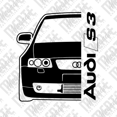 Desenho preto e branco do Audi S3 vista frontal esquerda com texto