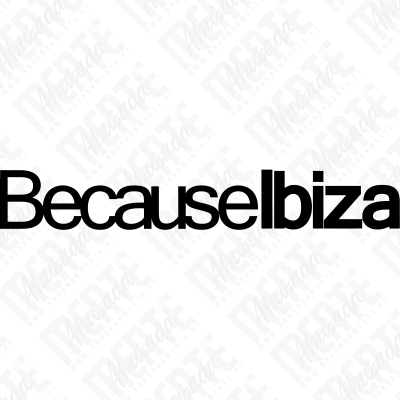 Texto preto Because Ibiza em fundo branco