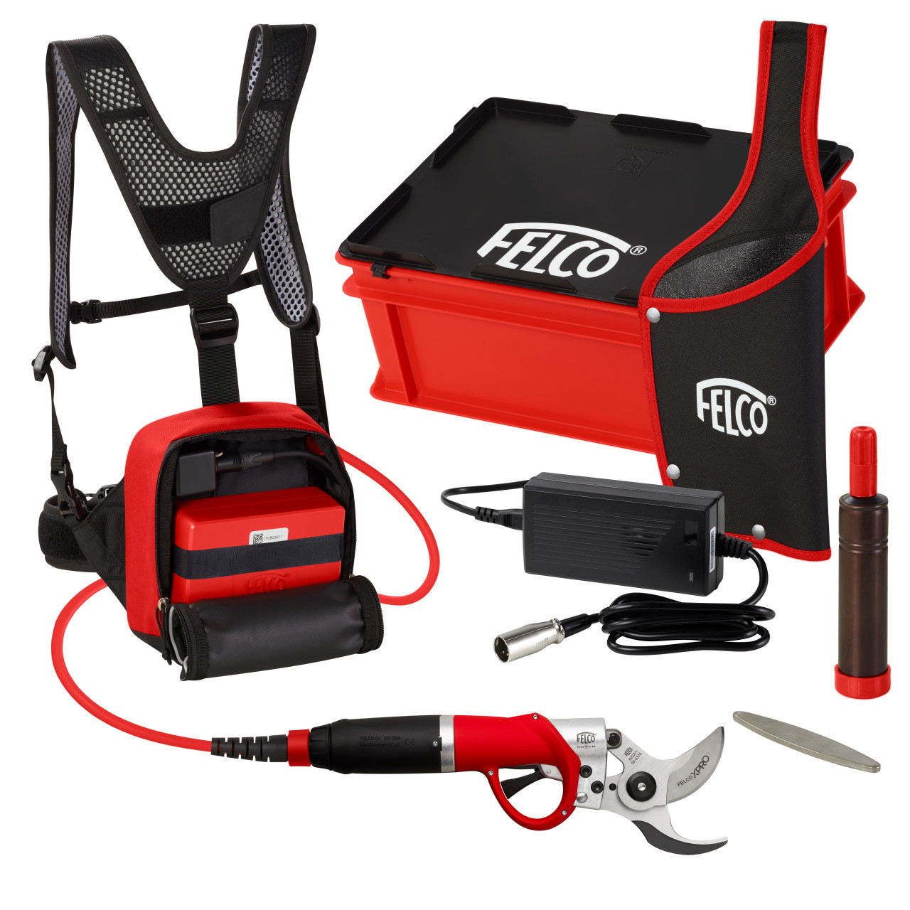 Tesoura Bateria Felco 822+ Kit Completo Conjunto de poda com tesoura elétrica, mochila arnês, caixa FELCO, carregador e ferramentas de afiar