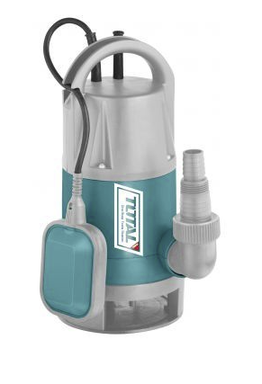 Bomba de água submersível azul e cinza com boia flutuante e etiqueta TITAN