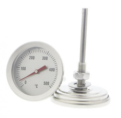 Termómetro analógico metálico com mostrador branco e ponteiro vermelho