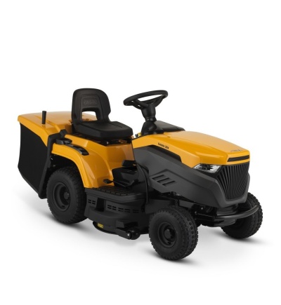 Trator de relva amarelo e preto com assento e volante negros, e caixa de recolha traseira