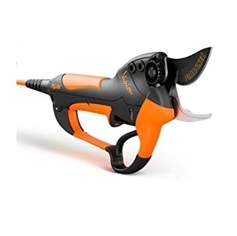 Tesoura elétrica para poda preto e laranja com lâmina inscrita em fundo branco