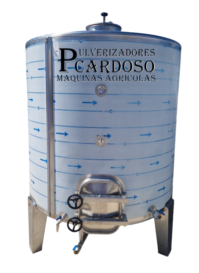 Tanque metálico cilíndrico com texto e setas azuis