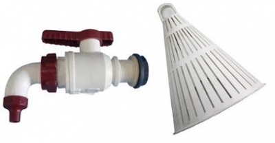 Torneira de jardim branca com alavanca vermelha e filtro cónico branco