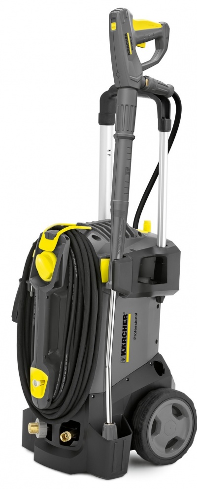 Máquina de lavar KARCHER Professional cinza com detalhes amarelos e mangueira enrolada