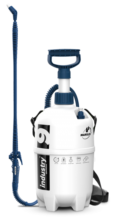 Pulverizador de mochila branco e azul Marolex Industry com mangueira flexível e gatilho