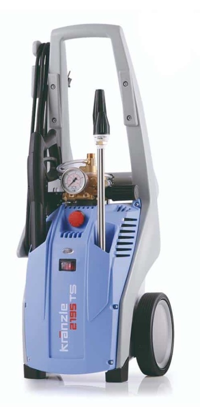 Máquina de lavar alta pressão azul e cinza com manómetro e botão vermelho