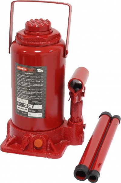 Macaco hidráulico vermelho com capacidade de 15 toneladas e duas hastes vermelhas ao lado