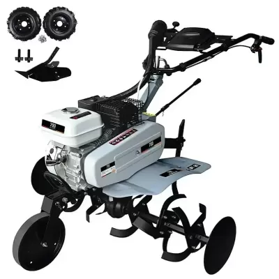 Motoenxada cinza e branca com rodas extra e arado preto