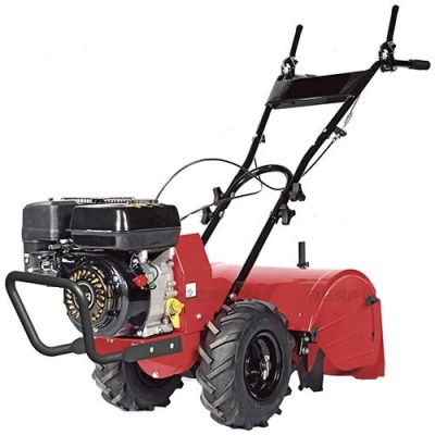 Enxada rotativa a motor vermelha com rodas de borracha preta e motor a gasolina preto