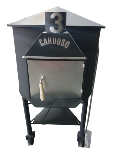 Forno ou churrasco metálico preto e prateado com porta e rodas