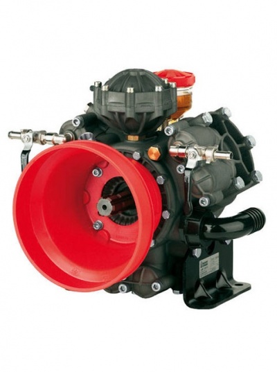 Bomba centrífuga industrial preta com funil vermelho e reservatório laranja em base preta