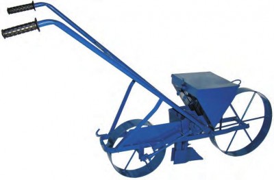 Semeador manual azul de metal com duas rodas e alças pretas