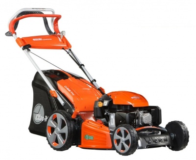 Corta-relva laranja e preto com saco coletor e pega laranja e preta