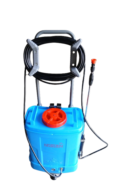 Pulverizador de mochila azul com tampa vermelha e mangueira preta