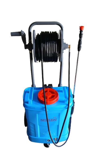 Pulverizador azul 25L com mangueira enrolada e lança de pulverização