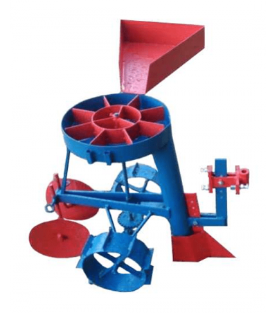 Equipamento agrícola metálico azul e vermelho