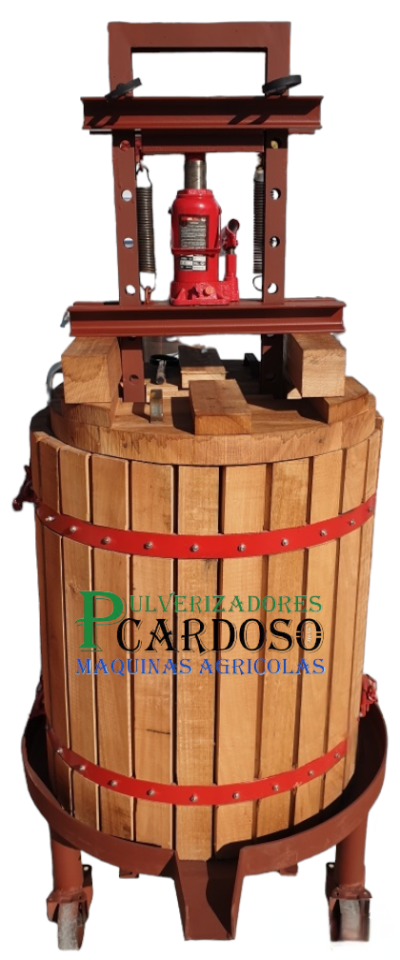 Prensa hidráulica de madeira e metal com cilindro vermelho e texto de marca visível