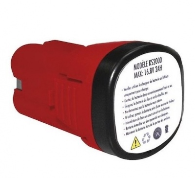 Bateria recarregável vermelha e preta com etiqueta técnica