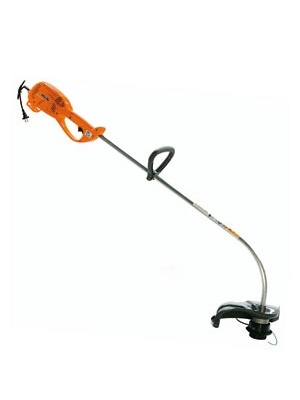 Aparador de relva elétrico laranja e preto com tubo metálico