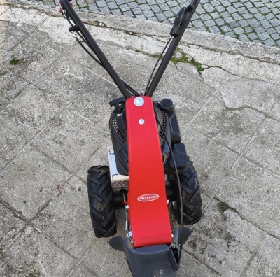 Motorroçadora rotativa vermelha e preta vista de cima com etiqueta ROTEC O.