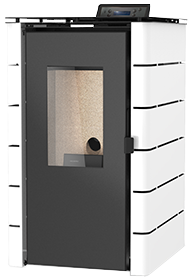 Estufa de pellets branca com porta e painel frontal pretos e janela de vidro