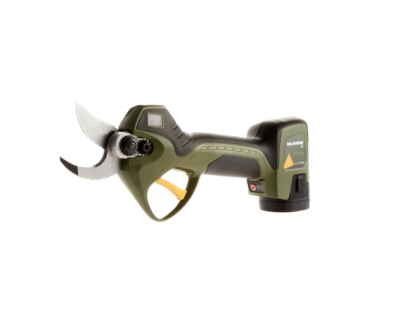 Tesoura de poda elétrica verde e preta com lâminas metálicas e botão amarelo