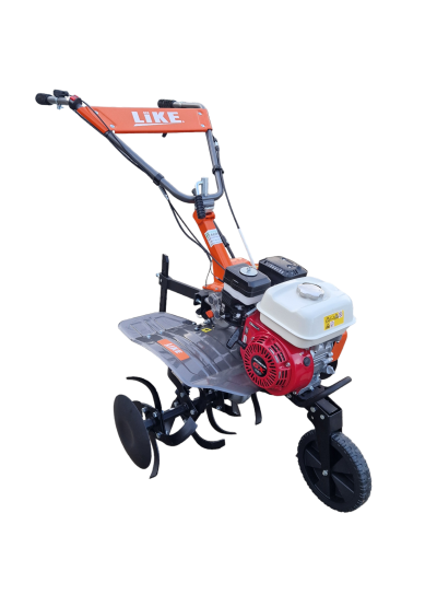 Motoenxada de motor a gasolina laranja, preta, branca e vermelha com lâminas e roda dianteira preta