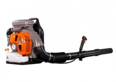 Soprador de folhas de mochila laranja e cinza com tubo preto