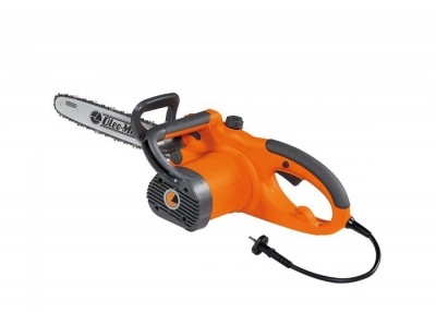 Moto-serra elétrica laranja e preta com lâmina Ultra Max