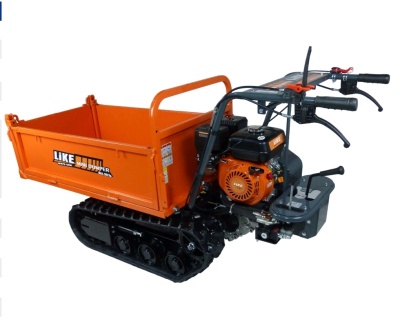 Carrinho motorizado laranja com lagartas e motor visível