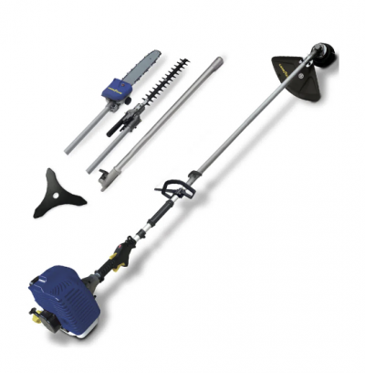 Aparelho multifuncional de jardim com acessórios variados em fundo branco.