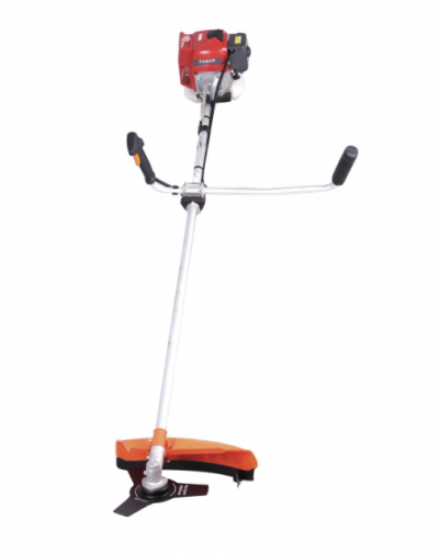 Roçadora a gasolina com motor vermelho e proteção laranja