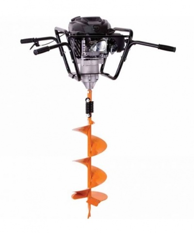 Perfuradora de solo preta com broca laranja e pegadores duplos