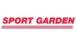 Logotipo SPORT GARDEN em vermelho com padrão xadrez abaixo