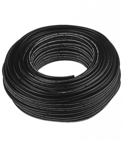 Bobina de mangueira preta com texto branco impresso