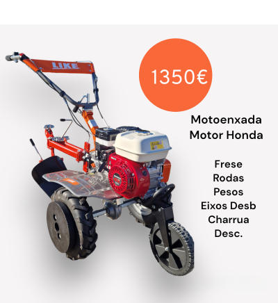 Motoenxada com motor Honda vermelho e branco, estrutura metálica preta e alça laranja