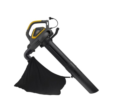 Soprador de folhas elétrico preto com pega amarela e saco de recolha preto