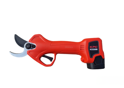 Tesoura de poda elétrica vermelha e preta com lâmina metálica curva